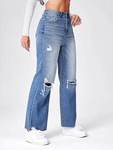 Jeans de talle alto desgarro bajo crudo - Azul lavado medio - Ver 4