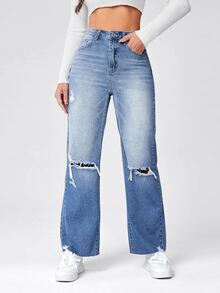 Jeans de talle alto desgarro bajo crudo - Azul lavado medio - Ver 5