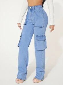 SHEIN SXY Flap Pocket Cargo Jeans - Light Wash - View 3