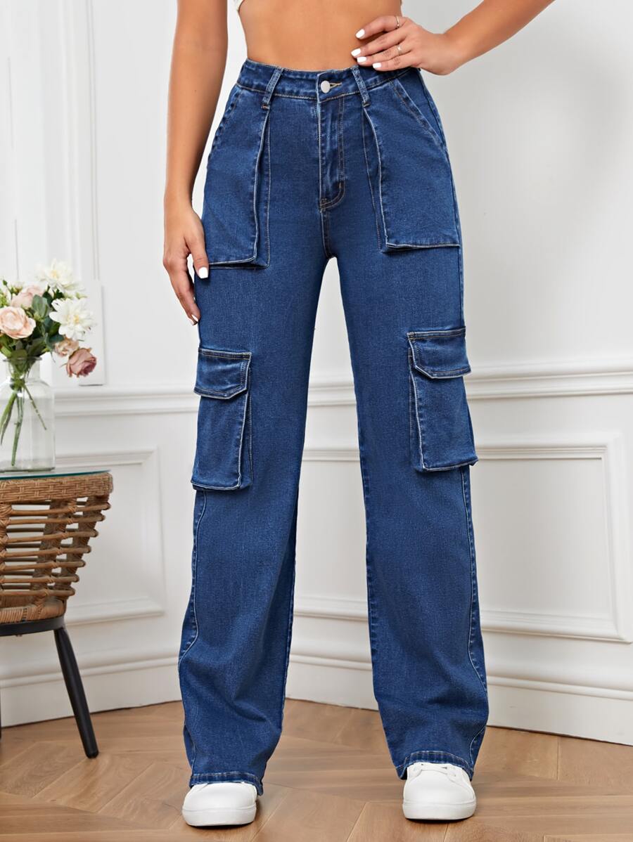 SHEIN SXY Flap Pocket Cargo Jeans - Dark Wash - View 1