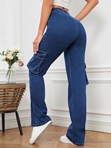 SHEIN SXY Flap Pocket Cargo Jeans - Dark Wash - View 2