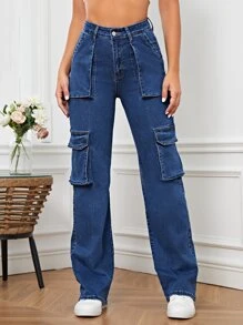 SHEIN SXY Flap Pocket Cargo Jeans - Dark Wash - View 6