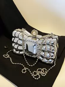 Mini Metallic Rhinestone Decor Bow Design Chain Box Bag, Perfect Bride Purse For Wedding, Prom & Party Events - Silver - View 1