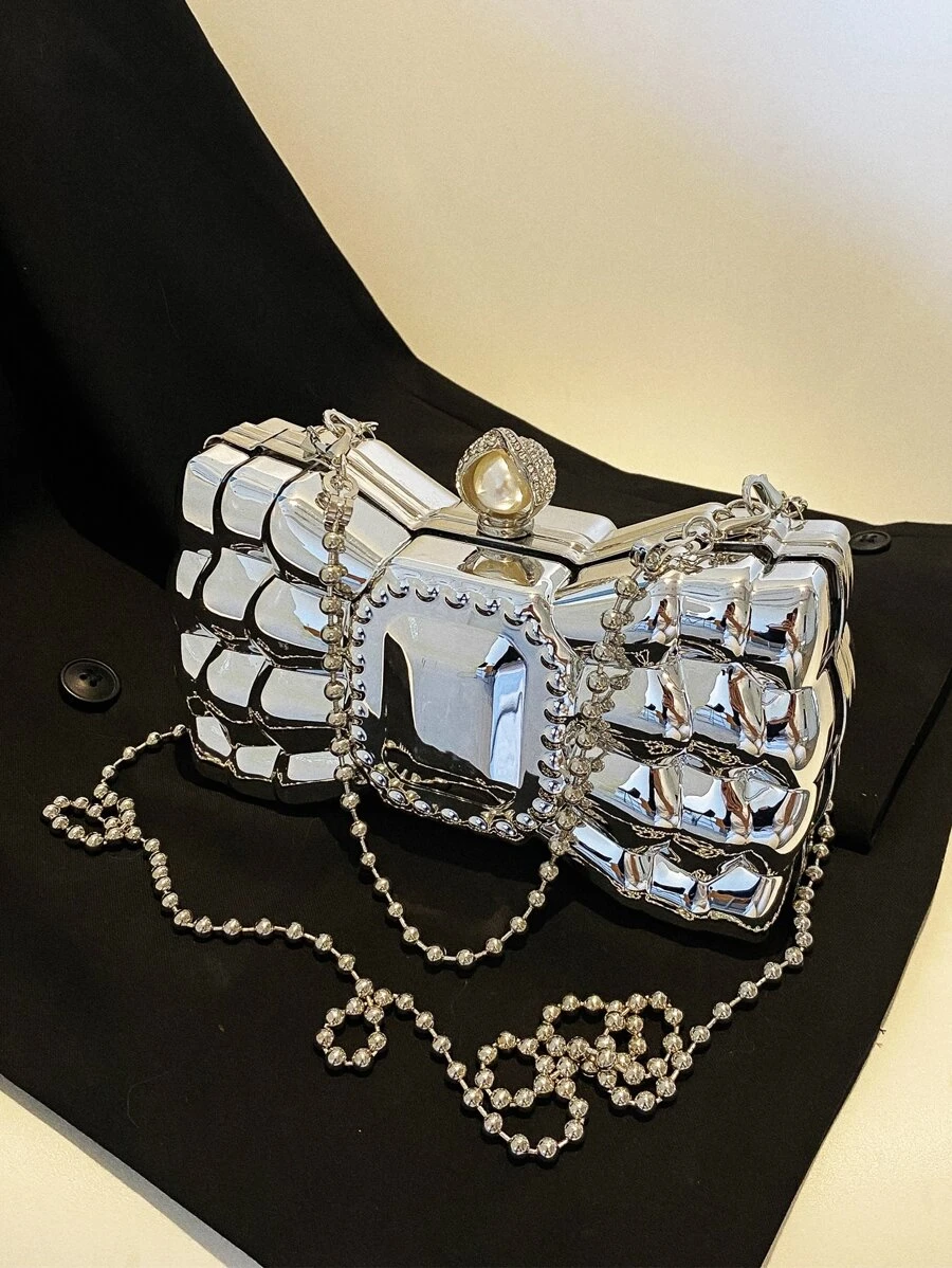 Mini Metallic Rhinestone Decor Bow Design Chain Box Bag, Perfect Bride Purse For Wedding, Prom & Party Events - Silver - View 1