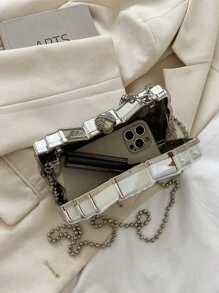 Mini Metallic Rhinestone Decor Bow Design Chain Box Bag, Perfect Bride Purse For Wedding, Prom & Party Events - Silver - View 4