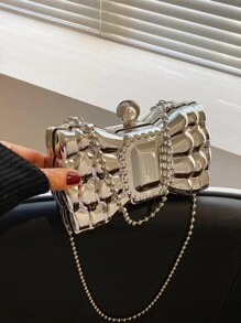Mini Metallic Rhinestone Decor Bow Design Chain Box Bag, Perfect Bride Purse For Wedding, Prom & Party Events - Silver - View 7