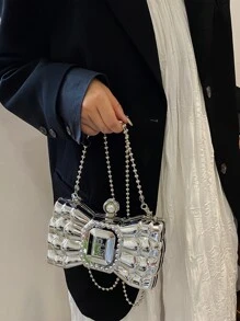 Mini Metallic Rhinestone Decor Bow Design Chain Box Bag, Perfect Bride Purse For Wedding, Prom & Party Events - Silver - View 8