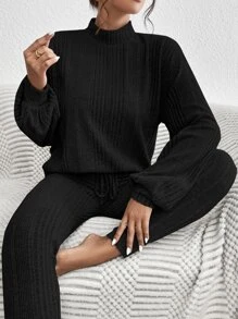 SHEIN Essnce Mock Neck Drop Shoulder Tee & Trousers - Black - View 3