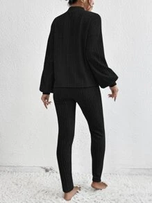 SHEIN Essnce Mock Neck Drop Shoulder Tee & Trousers - Black - View 2