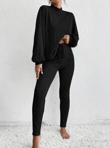 SHEIN Essnce Mock Neck Drop Shoulder Tee & Trousers - Black - View 4