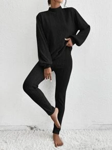 SHEIN Essnce Mock Neck Drop Shoulder Tee & Trousers - Black - View 5