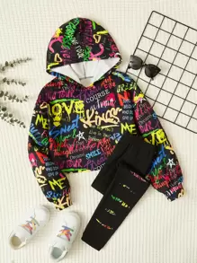 SHEIN 年少女孩信封字母圖形下垂肩連帽衫和緊身褲 - 彩色 - 查看 1