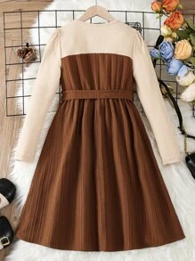 SHEIN Girls Two Tone Belted Dress - Multicolor - View 2