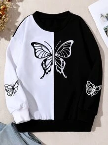 Chicas Pullover con estampado de mariposa de dos tonos - Blanco y Negro - Ver 1
