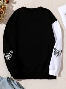 Chicas Pullover con estampado de mariposa de dos tonos - Blanco y Negro - Ver 2