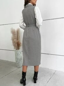 SHEIN LUNE 千鳥格印花雙排釦繫腰帶連衣裙不帶襯衫 - 黑與白 - 查看 4