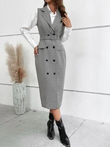 SHEIN LUNE 千鳥格印花雙排釦繫腰帶連衣裙不帶襯衫 - 黑與白 - 查看 5