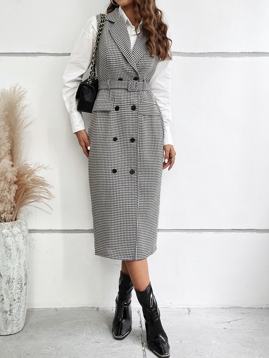 SHEIN LUNE 千鳥格印花雙排釦繫腰帶連衣裙不帶襯衫 - 黑與白 - 查看 1