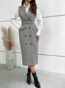 SHEIN LUNE 千鳥格印花雙排釦繫腰帶連衣裙不帶襯衫 - 黑與白 - 查看 6