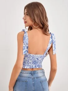 Soleia Tropical Print Tie Shoulder Cami Top - Blue and White - View 2