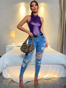 SHEIN SXY Mock Neck Slim Fit PU Leather Bodysuit - Violet Purple - View 3