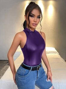 SHEIN SXY Mock Neck Slim Fit PU Leather Bodysuit - Violet Purple - View 4