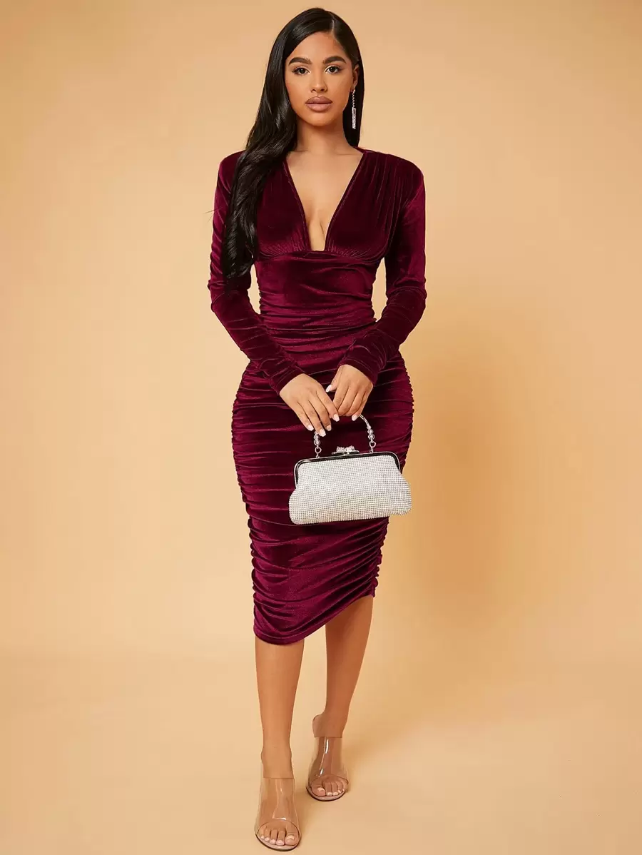SHEIN SXY Prom Dress;Deep V Neck Ruched Velvet Bodycon Dress - Burgundy - View 1