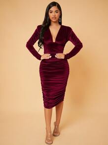 SHEIN SXY Prom Dress;Deep V Neck Ruched Velvet Bodycon Dress - Burgundy - View 4