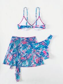 SHEIN Bộ bikini in họa tiết Allover Push Up đi biển mùa hè kèm váy đi biển - Nhiều màu - Xem 4
