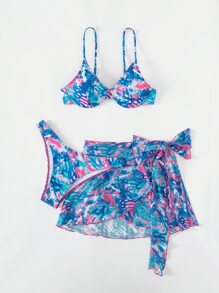 SHEIN Bộ bikini in họa tiết Allover Push Up đi biển mùa hè kèm váy đi biển - Nhiều màu - Xem 3
