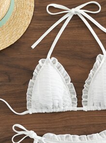 Top bikini triángulo ribete en forma de lechuga halter - Blanco - Ver 4