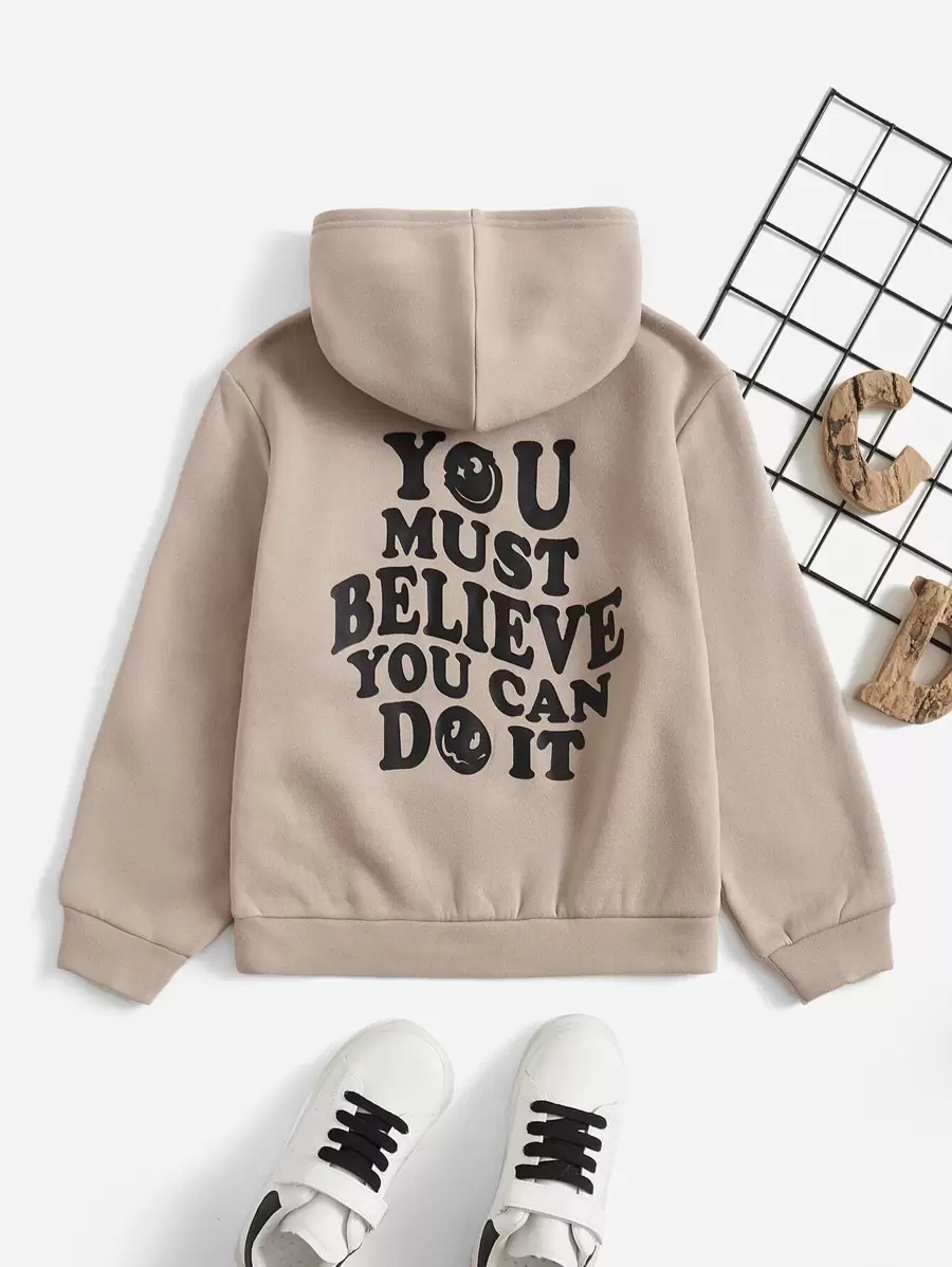 SHEIN Leap Crew Tween Boy's Casual Hooded Sweatshirt With Slogan Print, Suitable For Spring And Autumn Daily Wear - Khaki - View 1