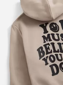 SHEIN Leap Crew Tween Boy's Casual Hooded Sweatshirt With Slogan Print, Suitable For Spring And Autumn Daily Wear - Khaki - View 3