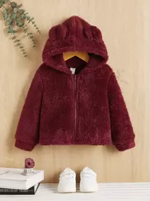 SHEIN Bebé niña Abrigo con diseño de orejas 3D con capucha forro polar - Burdeos - Ver 1