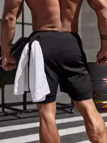 Manfinity Fitness Boyfriend Style Men Letter Graphic 2 In 1 Sports Shorts & Towel Loop Gym Shorts - Black - View 2