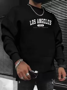 Manfinity Homme Men Letter Graphic Sweatshirt Going Out Crew Neck Letter Los Angeles Long Sleeve Casual Sweatshirt, For Friends, Husband, Boyfriend Gifts, Los Angeles Sweatshirt, Men Sweatshirt, Men Pullover Sweatshirt - Black - View 1