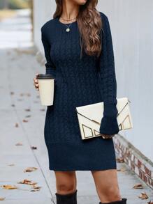 SHEIN LUNE Solid Cable Knit Jumper Dress - Navy Blue - View 1