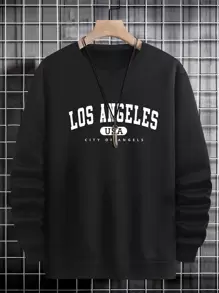 Manfinity Homme Men Letter Graphic Sweatshirt Going Out Crew Neck Letter Los Angeles Long Sleeve Casual Sweatshirt, For Friends, Husband, Boyfriend Gifts, Los Angeles Sweatshirt, Men Sweatshirt, Men Pullover Sweatshirt - Black - View 3
