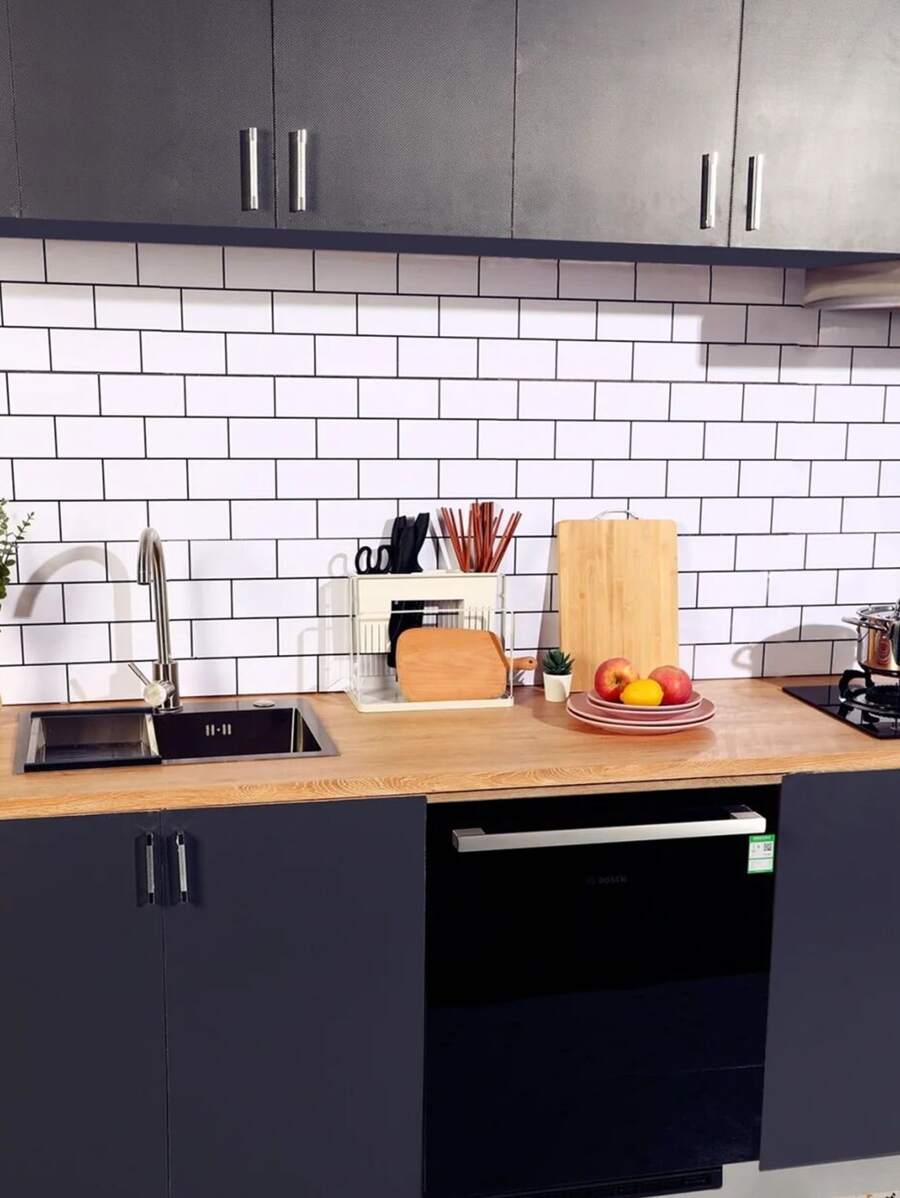 Miếng dán tường/Decal chống thấm nước dày họa tiết gạch giả cho nhà bếp - Đen và trắng - Xem 1