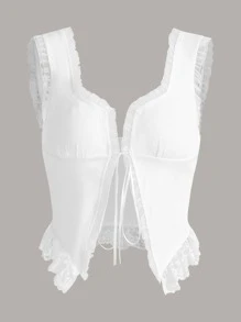 SHEIN ICON Mesh Trim Contrast Lace Knot Front Wide Straps Top - White - View 1