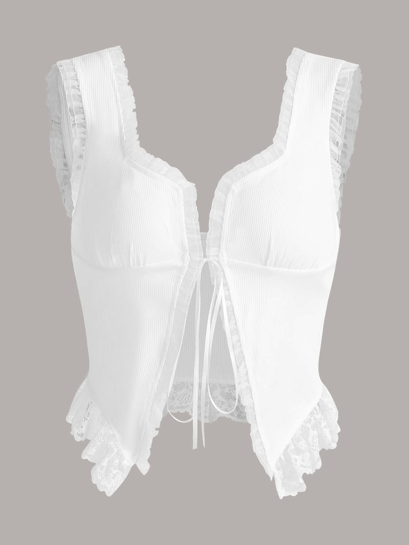 SHEIN ICON Mesh Trim Contrast Lace Knot Front Wide Straps Top - White - View 1