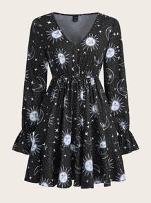 ROMWE PUNK Grunge Sun & Moon Print Flounce Sleeve Dress - Black and White - View 1