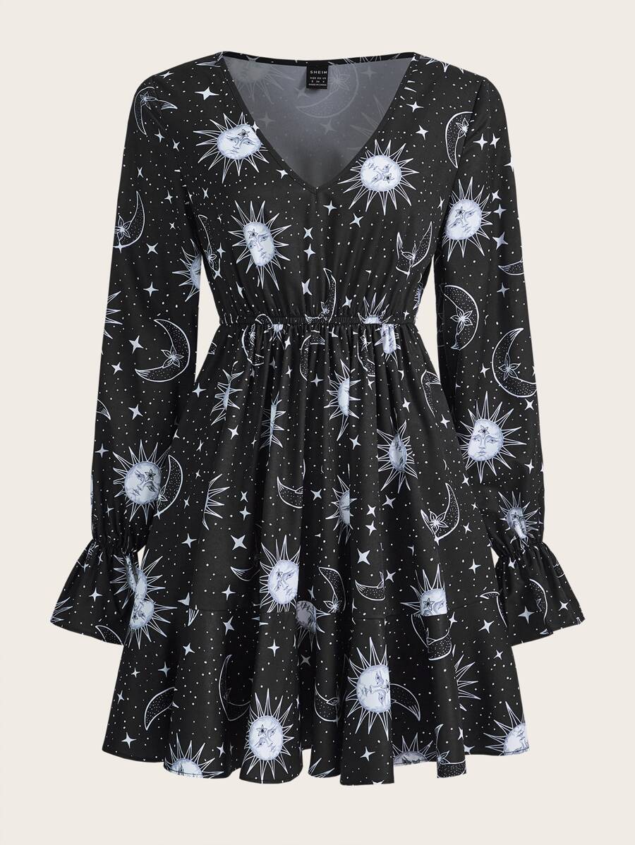 ROMWE PUNK Grunge Sun & Moon Print Flounce Sleeve Dress - Black and White - View 1