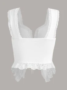 SHEIN ICON Mesh Trim Contrast Lace Knot Front Wide Straps Top - White - View 2