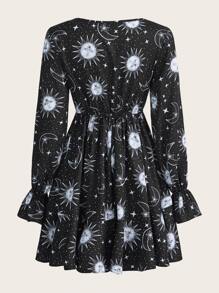 ROMWE PUNK Grunge Sun & Moon Print Flounce Sleeve Dress - Black and White - View 2