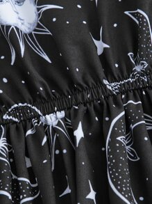 ROMWE PUNK Grunge Sun & Moon Print Flounce Sleeve Dress - Black and White - View 4