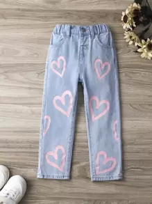 Young Girl Heart Print Straight Leg Jeans - Light Wash - View 1