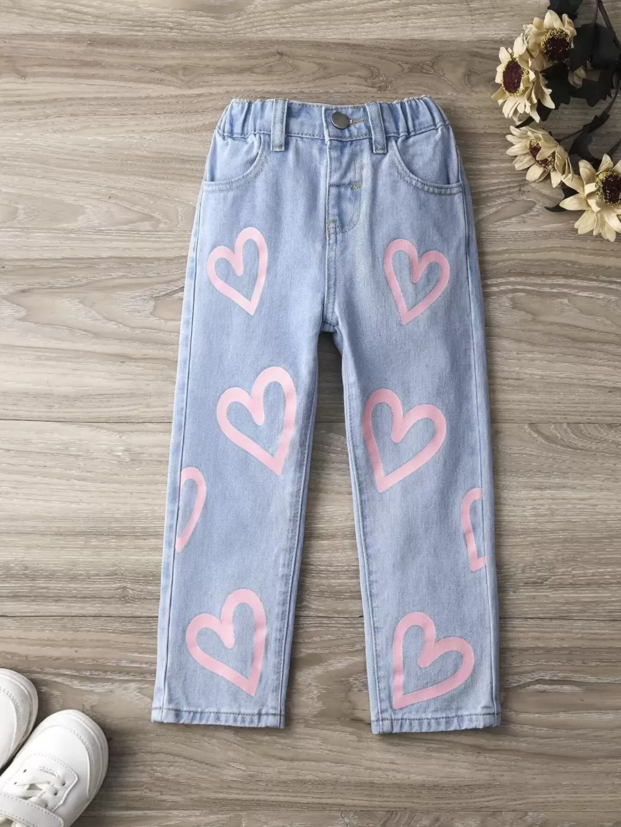 Young Girl Heart Print Straight Leg Jeans - Light Wash - View 1
