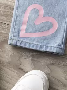 Young Girl Heart Print Straight Leg Jeans - Light Wash - View 4