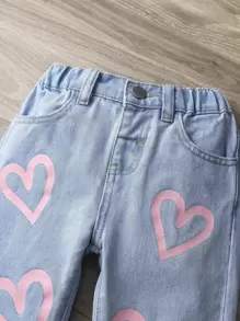 Young Girl Heart Print Straight Leg Jeans - Light Wash - View 7